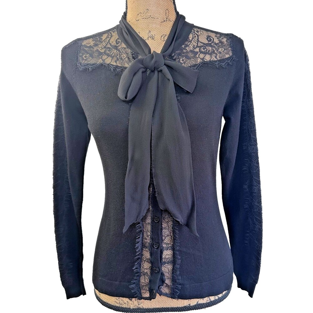 Etcetera Black Lace Silk Tie Neck Button Front Cardigan Sweater Sz S NWT